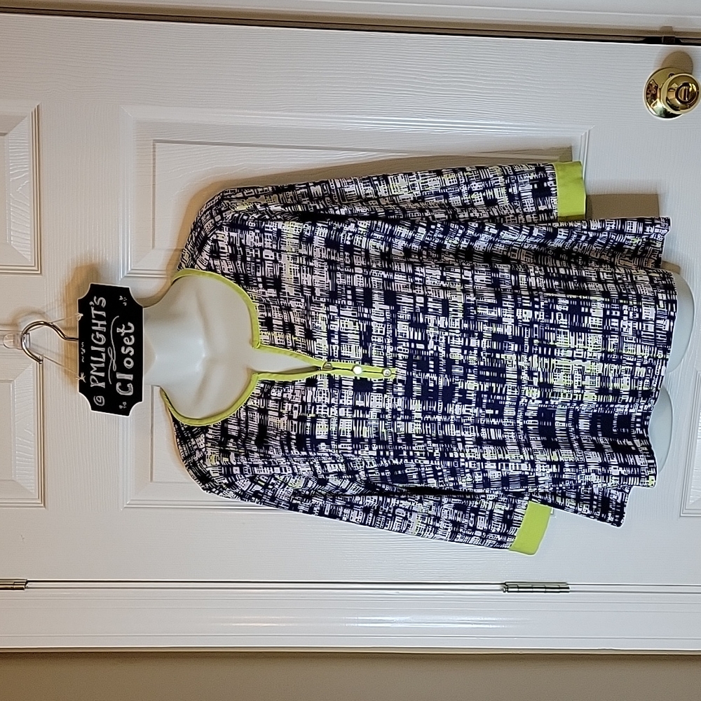 Kim Rogers Blouse Large Navy White Lime Green